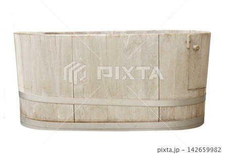 Antique oval wooden bathtub isolated. Rustic handcrafted oak tub with metal bands and small side door. Vintage laundry wash basin or spa soaking tub for bathroom interior decor. Antique oval wooden bathtub isolated. Rustic handcrafted oak tub with metal bands and small side door. Vintage laundry wash basin or spa soaking tub for bathroom interior decor. 142659982