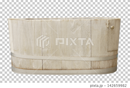 Antique oval wooden bathtub isolated. Rustic handcrafted oak tub with metal bands and small side door. Vintage laundry wash basin or spa soaking tub for bathroom interior decor. 142659982