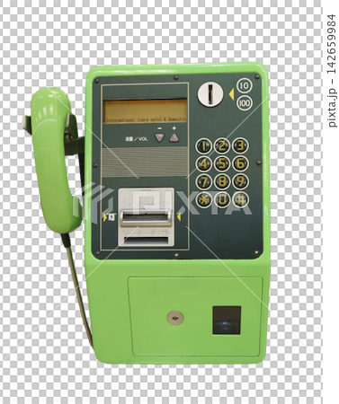 Iconic lime green Japanese public payphone isolated. Classic NTT telephone featuring a keypad, receiver, coin slot, and card reader. Retro communication technology from Japan. 142659984