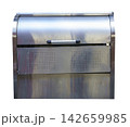 Stainless steel waste container or storage bin with curved lid, handle and padlock. Industrial metal box with ventilation holes isolated for public utility or urban use. 142659985