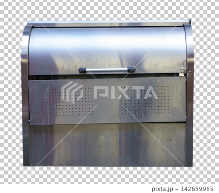 Stainless steel waste container or storage bin with curved lid, handle and padlock. Industrial metal box with ventilation holes isolated for public utility or urban use. 142659985