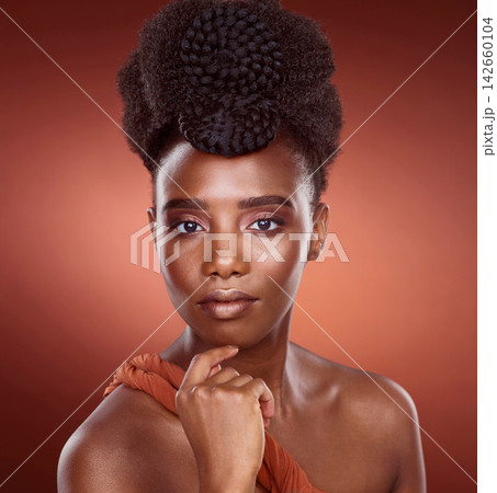 Thinking, black woman and makeup in portrait or studio for beauty or glamour by red background. Pride, African and female person and cosmetic with foundation for glow or shine as model in Kenya 142660104