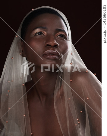 African, glow or woman thinking of makeup, scarf or confidence in studio on black background. Beauty, face or proud girl model with traditional cloth, eyeshadow cosmetics or creative design in Ghana 142660105