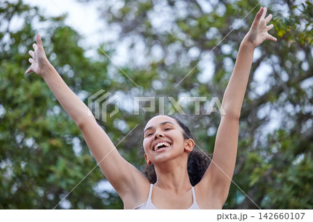 Girl, smile and confident in nature for freedom, trees and wellness in park for weekend trip. Female person, celebration and proud of peace or calm in garden, vacation and relax by plants in outdoor Girl, smile and confident in nature for freedom, trees and wellness in park for weekend trip. Female person, celebration and proud of peace or calm in garden, vacation and relax by plants in outdoor 142660107
