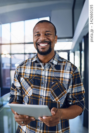 Tablet, office and portrait of happy business black man for research project, website and internet. Company startup, worker and person on digital technology for networking, planning and career Tablet, office and portrait of happy business black man for research project, website and internet. Company startup, worker and person on digital technology for networking, planning and career 142660195