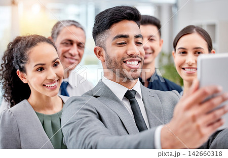 Business, people and professional selfie on tablet in office, team and happy for online social media post for company website. Picture, employee and about us or memory, smile and workplace people Business, people and professional selfie on tablet in office, team and happy for online social media post for company website. Picture, employee and about us or memory, smile and workplace people 142660318