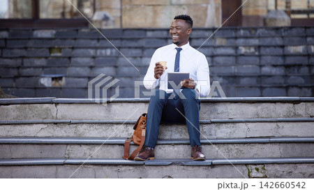 Thinking, business and black man on tablet in city for research, social media or salesman reading email on steps. Tech, coffee drink and happy professional outdoor with idea, planning or laughing Thinking, business and black man on tablet in city for research, social media or salesman reading email on steps. Tech, coffee drink and happy professional outdoor with idea, planning or laughing 142660542