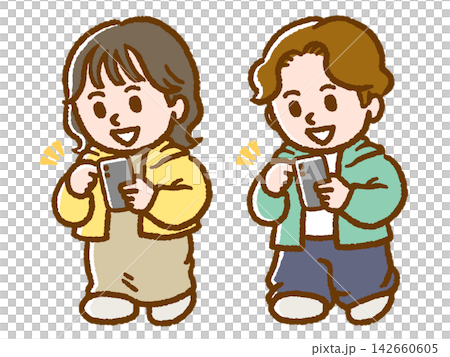 A woman and a man tapping on their smartphones A woman and a man tapping on their smartphones 142660605