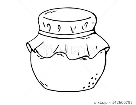 Homemade Jam Jar with Cloth Cover Line Art Vector Illustration Doodle 142660795