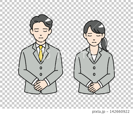Illustration material 2 of a young man and woman in suits bowing. Illustration material 2 of a young man and woman in suits bowing. 142660922