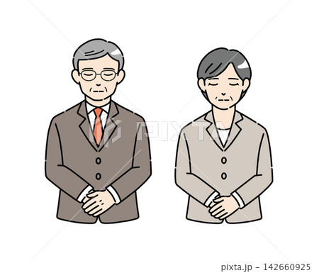お辞儀をするスーツ姿のシニア男女のイラスト素材2 お辞儀をするスーツ姿のシニア男女のイラスト素材2 142660925