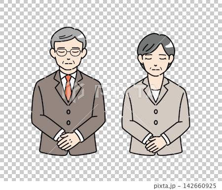 お辞儀をするスーツ姿のシニア男女のイラスト素材2 お辞儀をするスーツ姿のシニア男女のイラスト素材2 142660925