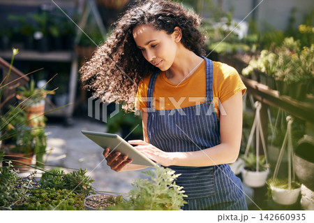 Woman, flowers and inspection with tablet for garden business, service or natural growth in nature. Female person, florist or gardener monitoring plants on technology for agriculture or conservation Woman, flowers and inspection with tablet for garden business, service or natural growth in nature. Female person, florist or gardener monitoring plants on technology for agriculture or conservation 142660935