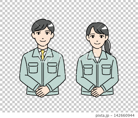 Illustration material 1 of a young man and woman in work clothes bowing Illustration material 1 of a young man and woman in work clothes bowing 142660944
