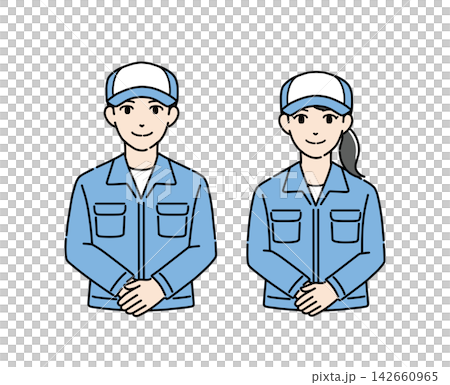 Illustration of a young man and woman wearing hats and work clothes bowing (1) Illustration of a young man and woman wearing hats and work clothes bowing (1) 142660965