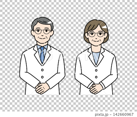 Illustration material 1 of senior men and women in white coats bowing Illustration material 1 of senior men and women in white coats bowing 142660967