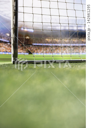 Low angle view of empty goal net and side post on football pitch with green blurred grass and stadium crowd stands behind. Selective focus of soccer arena with sports gear. 142661295