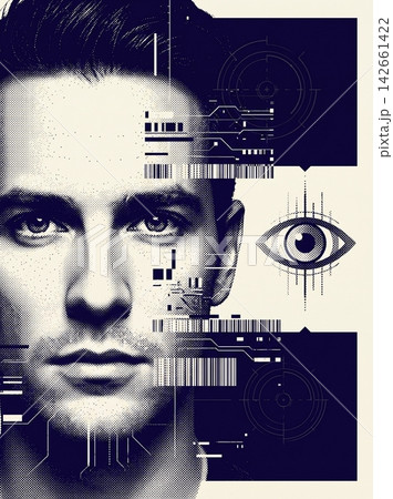 Digital portrait of a man with abstract biometric scanning interface Digital portrait of a man with abstract biometric scanning interface 142661422