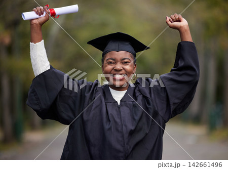 Black girl, celebrate and portrait for graduation in outdoor, certificate and college or education achievement. Female person, student and diploma for learning, scroll and ceremony at university 142661496