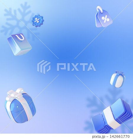 Empty Winter Sale Background with 3D Gift Boxes Discount Tags and Coupons for Copy Space 142661770