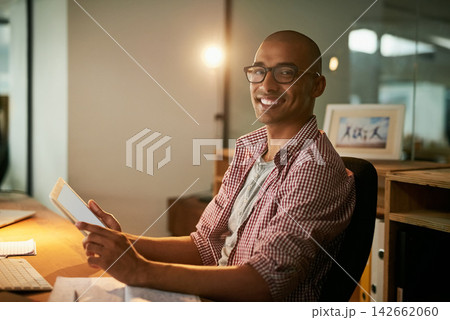 Man, portrait and office with tablet for designer agency or research for industrial design, innovation and software. Male person, digital tech and cad for systems or creative company and overtime. Man, portrait and office with tablet for designer agency or research for industrial design, innovation and software. Male person, digital tech and cad for systems or creative company and overtime. 142662060