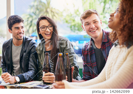 People with alcohol, drinks and laughing in pub, restaurant outdoors and reunion on weekend. Friends, men and women with social gathering together, celebration and beers with happiness or joy 142662099
