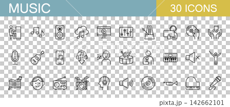 A set of line icons related to music, such as performance, education, and lessons. A set of line icons related to music, such as performance, education, and lessons. 142662101