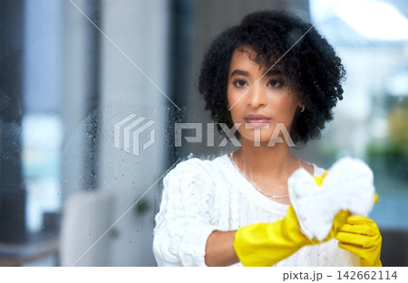 Window, cleaning and woman with cloth for dirt removal, maintenance or housekeeping at home. Surface, bacteria and female person with thinking in house for hygiene, disinfection or chemical detergent Window, cleaning and woman with cloth for dirt removal, maintenance or housekeeping at home. Surface, bacteria and female person with thinking in house for hygiene, disinfection or chemical detergent 142662114