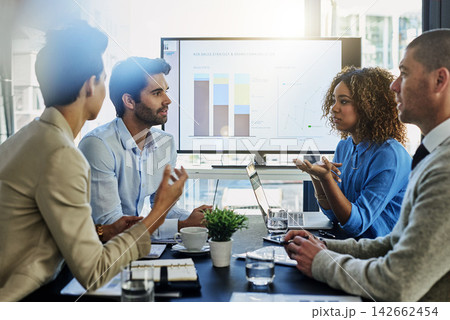 Business people, screen and discussion with team in meeting, presentation or conference at office. Group of employees with finance graph, chart or data in collaboration, company investment or revenue Business people, screen and discussion with team in meeting, presentation or conference at office. Group of employees with finance graph, chart or data in collaboration, company investment or revenue 142662454
