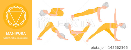 Solar Plexus Chakra Yoga poses. Elderly woman practicing Manipura Chakra Yoga asana. Healthy lifestyle. Flat cartoon character. Vector illustration Solar Plexus Chakra Yoga poses. Elderly woman practicing Manipura Chakra Yoga asana. Healthy lifestyle. Flat cartoon character. Vector illustration 142662566
