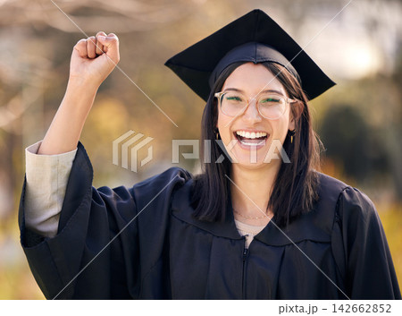Success, college portrait and woman for graduation with celebration, scholarship and milestone for university. Female graduate, smile and hand with power emoji in campus for achievement and education 142662852