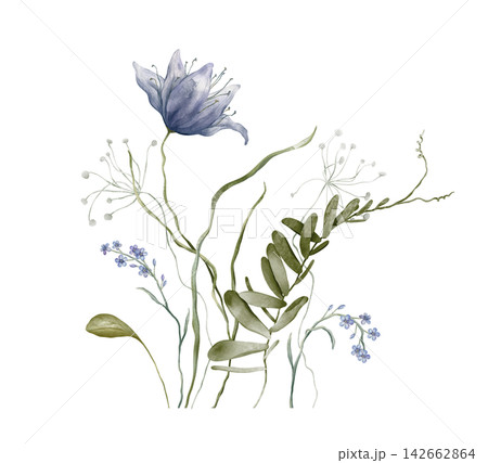 Watercolor illustration of delicate spring bouquet featuring blue blue forget-me-nots flowers and green leaves. Floral arrangement for printable digital wall art. Hand drawn on isolated background 142662864