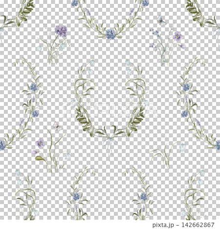 Seamless watercolor pattern with soft bluebell meadow. Botanical repeat design with illustrations of delicate green leaves, blue purple wildflower. For textile printing, wallpaper, gift wrapping paper Seamless watercolor pattern with soft bluebell meadow. Botanical repeat design with illustrations of delicate green leaves, blue purple wildflower. For textile printing, wallpaper, gift wrapping paper 142662867