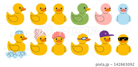 Set of ten yellow rubber ducks in different colors, poses and accessories like towel, goggles and cap. Flat vector illustration Set of ten yellow rubber ducks in different colors, poses and accessories like towel, goggles and cap. Flat vector illustration 142663092