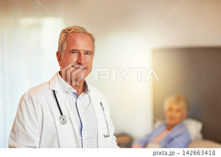 Health, portrait and doctor man with senior woman in bedroom for medical wellness, consultation or diagnosis. Lens flare, physician and patient in retirement home, checkup or specialist care 142663418