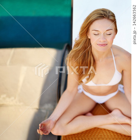 Eyes closed, woman and meditation at spa on holiday with smile on vacation in bikini, happy and wellness in Italy. Female person, cheerful and calm for travel, trip or destination in Tuscany by pool 142663562