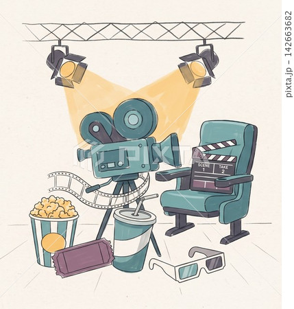 Cinema equipment and snacks illustration with camera 142663682