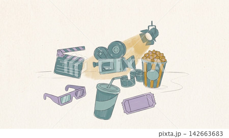 Cinema items and film production equipment illustration on light 142663683