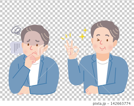 一組插圖,描繪了一位中年男子,他臉上帶著微笑,但表情憂慮。 一組插圖,描繪了一位中年男子,他臉上帶著微笑,但表情憂慮。 142663774