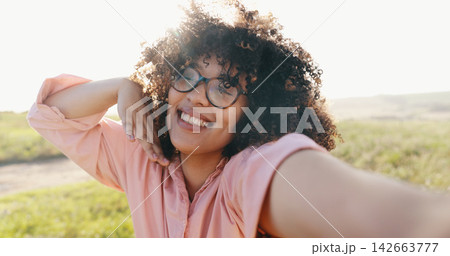 Face, woman selfie and peace sign for social media post in nature, emoji and happy on vacation. Female person, live streaming and internet connection for holiday update, blow kiss and portrait 142663777