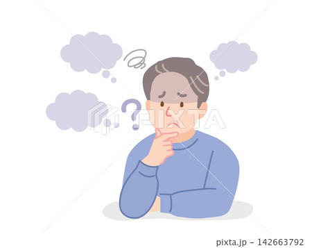 考える、困った表情の中年男性のイラスト素材 142663792