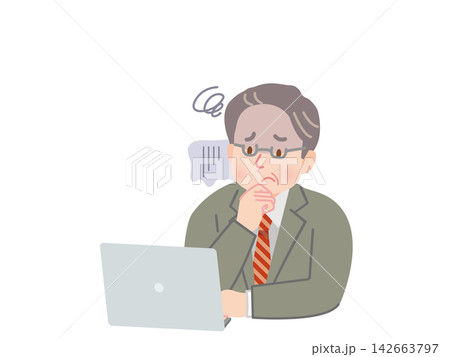 パソコンを見ながら考える、困った表情の中年男性のイラスト素材 142663797