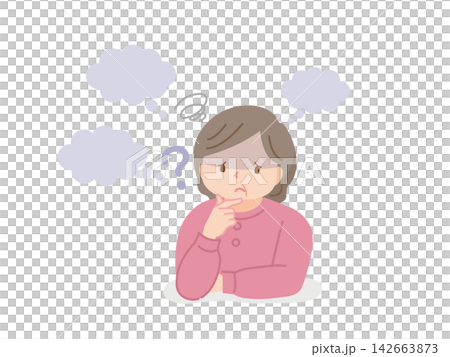 Illustration of a middle-aged woman with a thoughtful, troubled expression. Illustration of a middle-aged woman with a thoughtful, troubled expression. 142663873