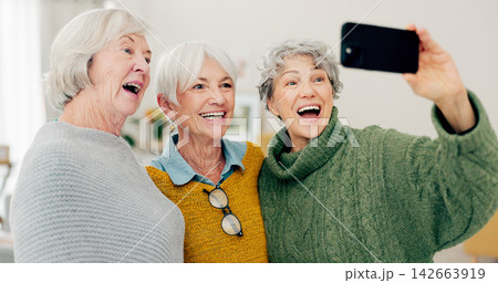 Selfie, fun and senior woman friends in a home for a visit during retirement together while looking happy. Social media, profile picture and smile with a group of elderly people bonding in a house 142663919