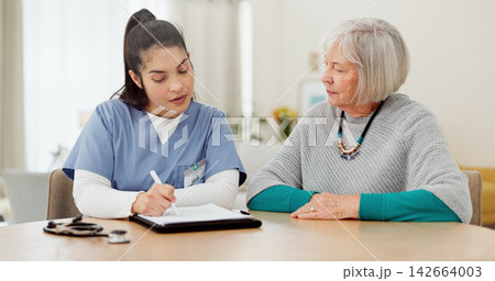 Nurse, documents and senior woman consulting, healthcare information and insurance checklist, charts and home advice. Medical doctor, elderly patient or people talking of retirement nursing paperwork 142664003