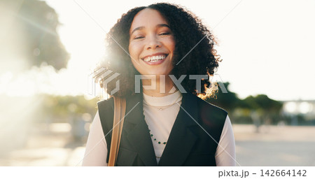 Outdoor, business woman and face with smile after work, weekend plans and happy to finish job. Creative career, professional and pride of journalist while travel, commute and journey in park 142664142