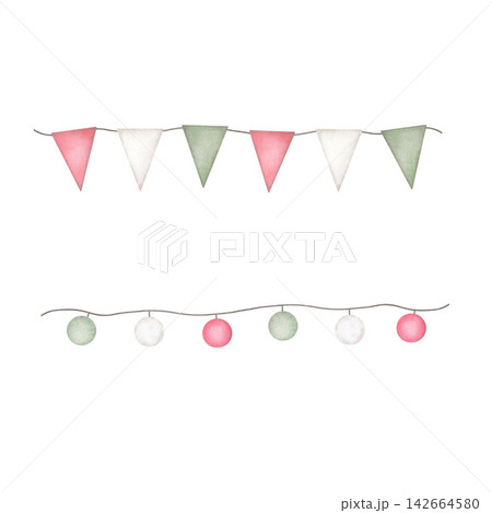 Garlands with pennants and ornaments in red, green, and white. Hand-painted watercolor illustration, isolated on a white background. Print for greeting cards, packaging, and textiles Garlands with pennants and ornaments in red, green, and white. Hand-painted watercolor illustration, isolated on a white background. Print for greeting cards, packaging, and textiles 142664580