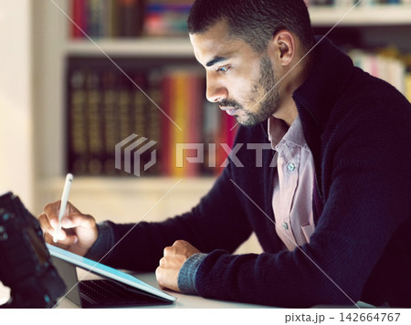 Creative man, sketch and tablet in office for work as graphic designer or web development for agency. Male employee, digital drawing pad and designing brand logo, website app and animation storyboard 142664767