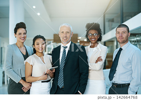 Team, business and tablet in office for portrait or meeting with collaboration or support for project ideas. Happy, corporate and manager with digital technology for information on negotiation deal 142664768