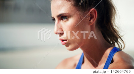 Thinking, tired and woman outdoor for fitness, health and workout in city for wellness on mockup space. Sports, face and person on break with fatigue, exhausted and relax after training for exercise 142664769
